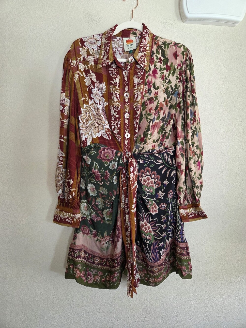 Farm Rio Long Sleeve Mixed Winter Garden Mini Dress Size Medium Boho Whimsical - Picture 2 of 16